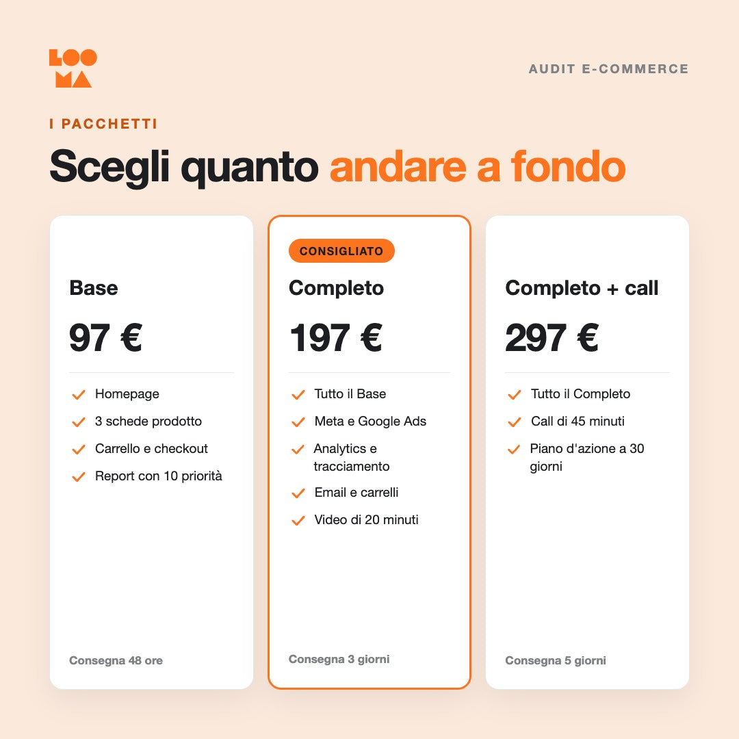 I tre pacchetti dell'Audit e-commerce: Base, Completo e Completo + call